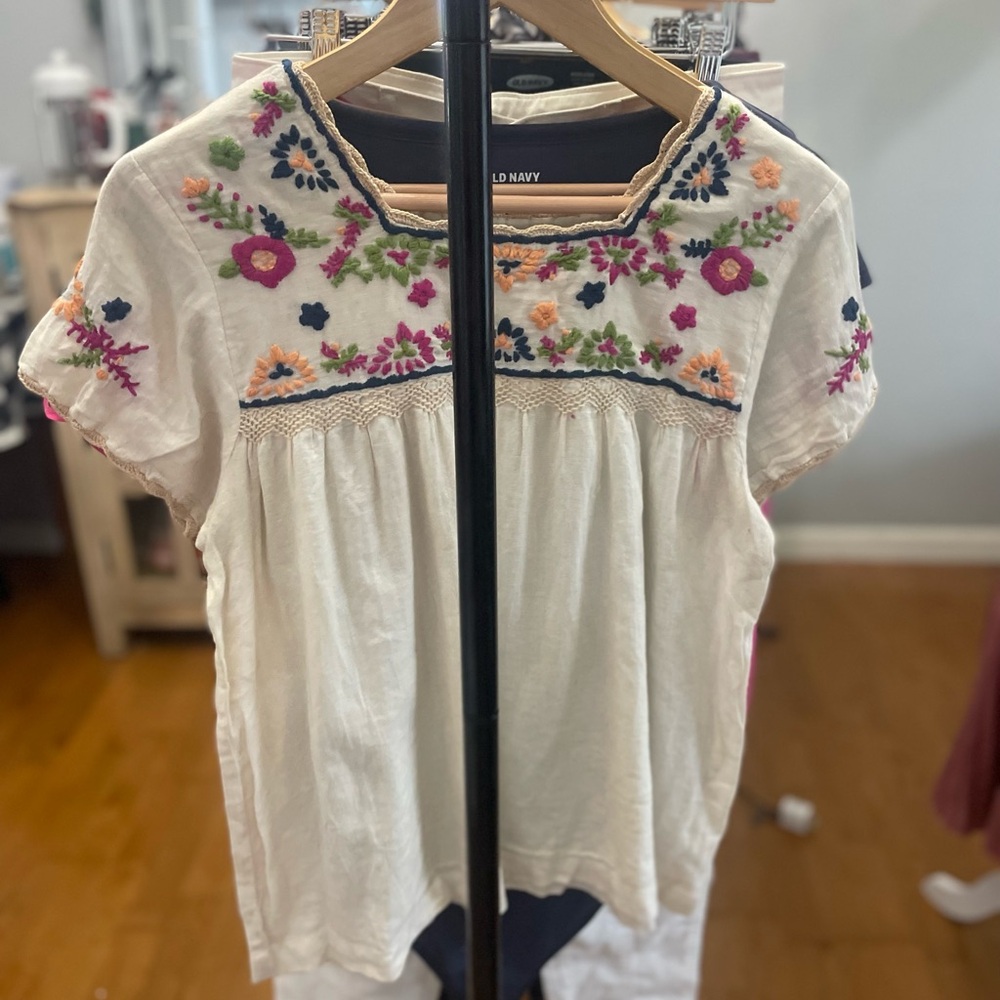 THML Cream and Pink Embellished Blouse with Bib Collar